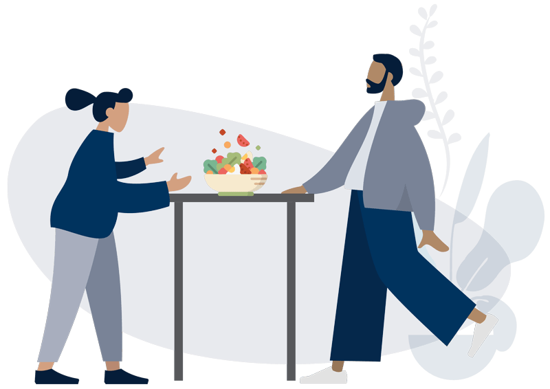 Illustration of a woman and a man preparing a salad recipe together.